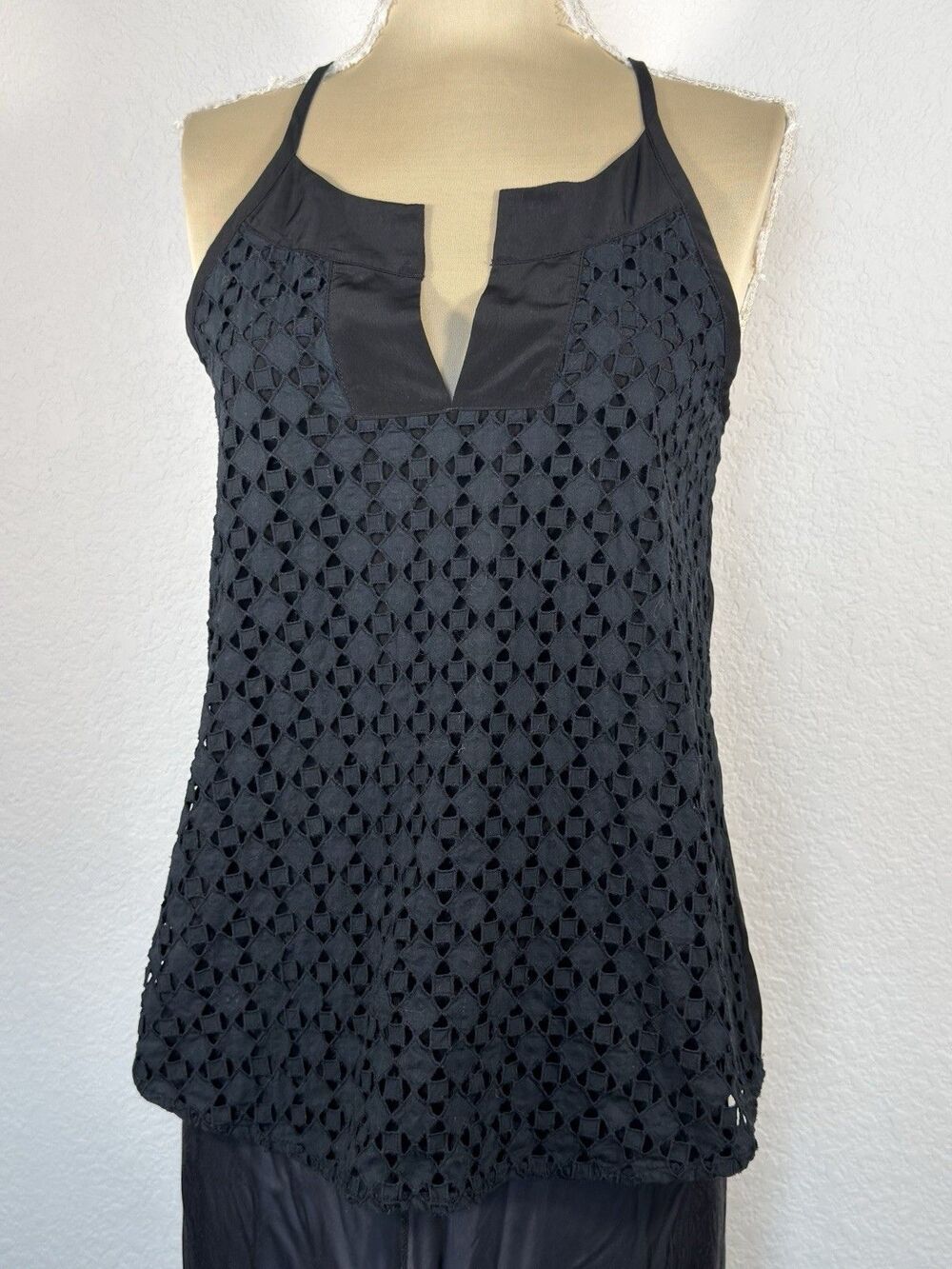 Athleta Dunes Eyelet Tank Top Women Small Black Tassel Tie Halter Boho Lace
